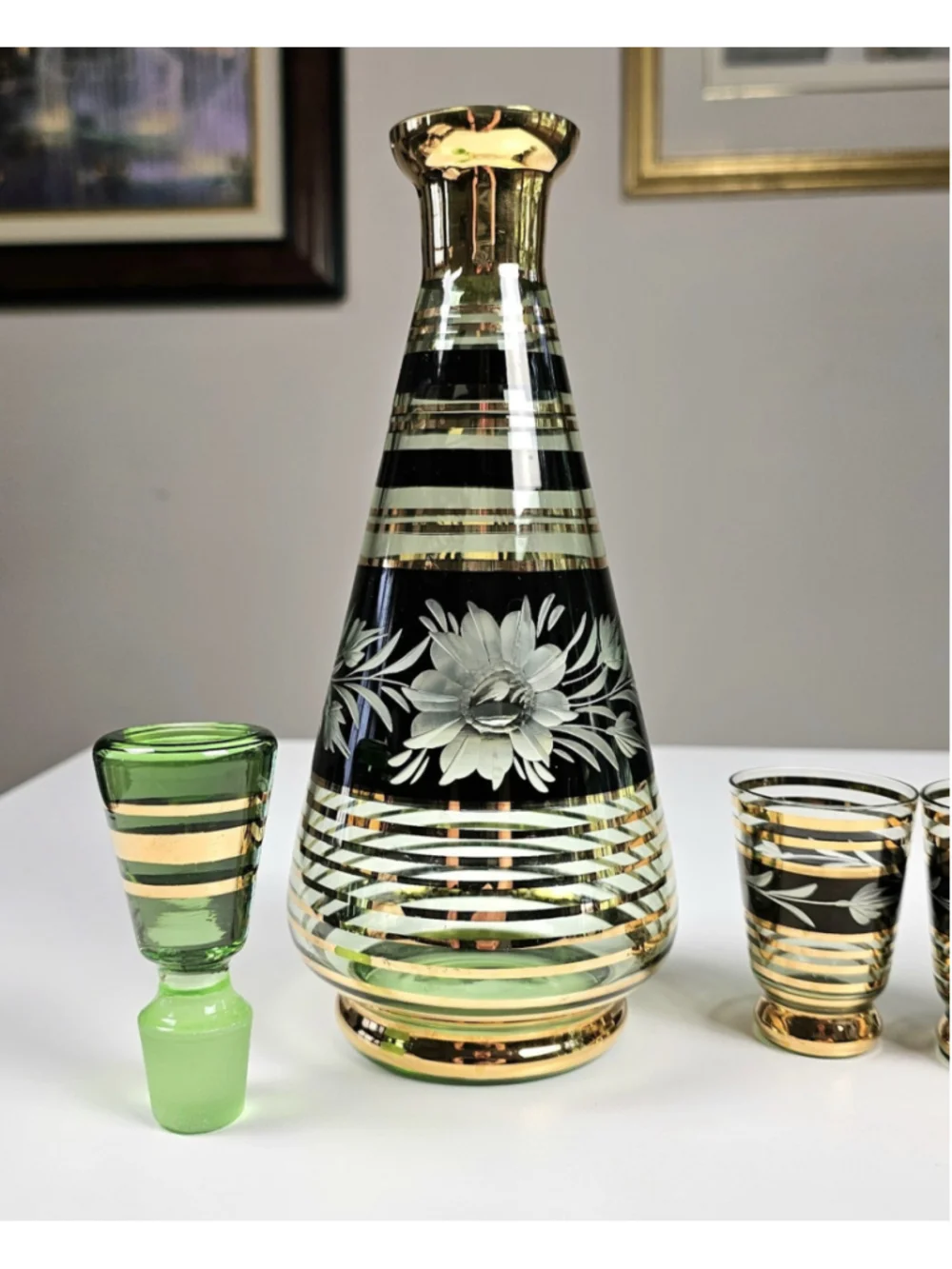 MCM Bohemian Green Glass Decanter & 22K Gold Stripe Floral Etched Cordial Set